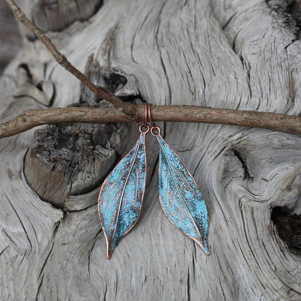 Retro Blue Aged Leaf Pendant Earrings