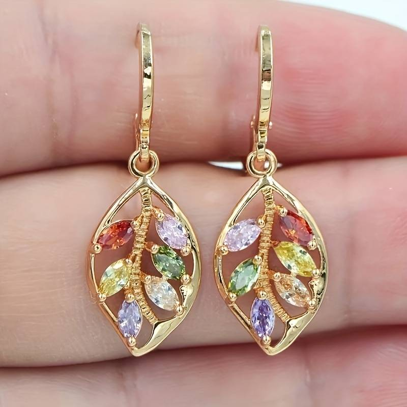 Vintage Colorful Zirconia Golden Leaf Earrings