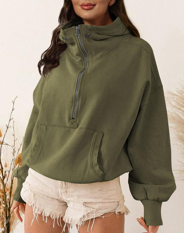 Women's Half Zip High Neck Drawstring Hooded Sweatshirt