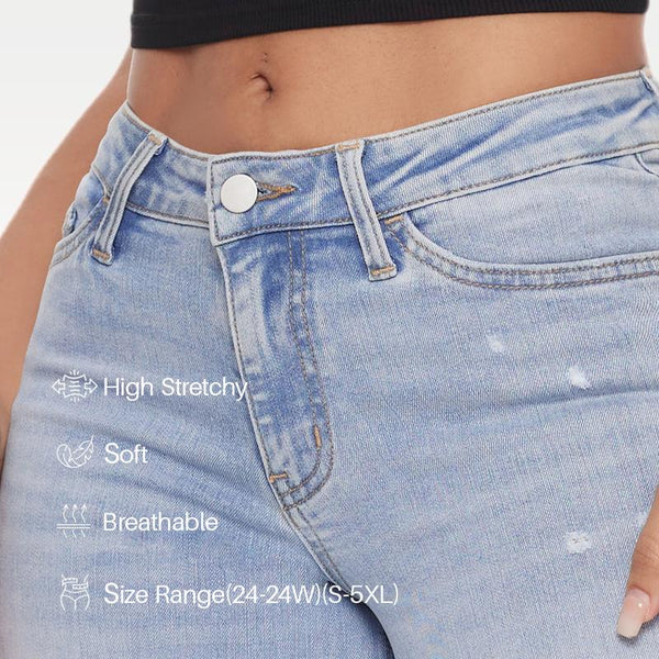 Mid-low Rise Baggy Jeans Wide Leg for Women Distressed Pants Stretchy Light Blue/Dark Blue Plus Size Womenswear Bottom 8001 Lady Basic Minimalist Comfortable Denim