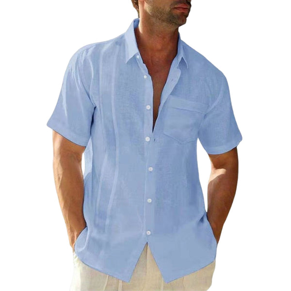 Men's summer lapel solid color cotton and linen cardigan casual short-sleeved shirt