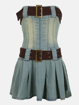 Double Belted Strapless Denim Dress