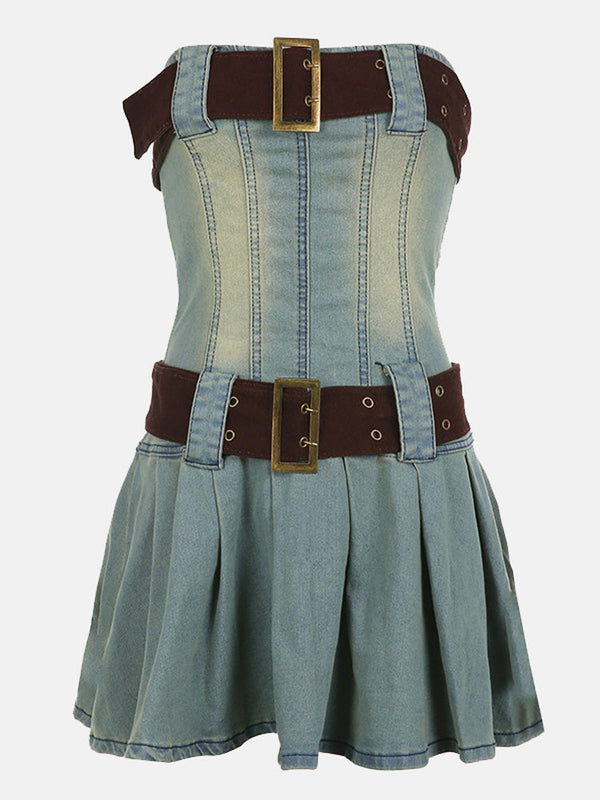 Double Belted Strapless Denim Dress