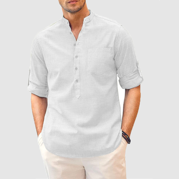 Cotton men's solid color standing collar buttoned pocket simple shirt