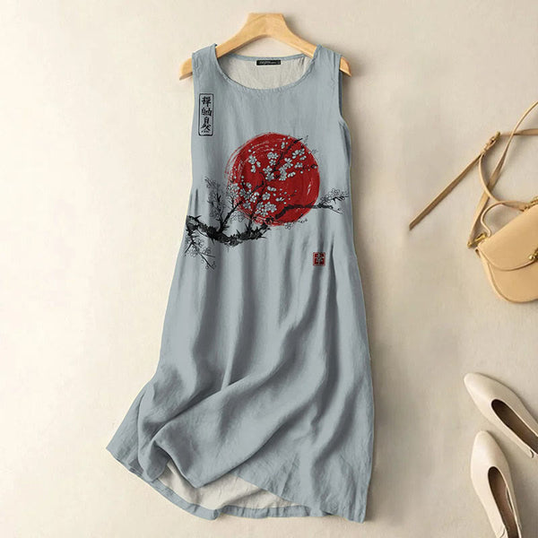 Vintage Japanese Ink Flower Sunrise Art Print Sleeveless Midi Dress