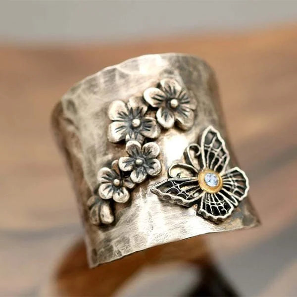 Bee Flower Butterfly Wide Band Ring