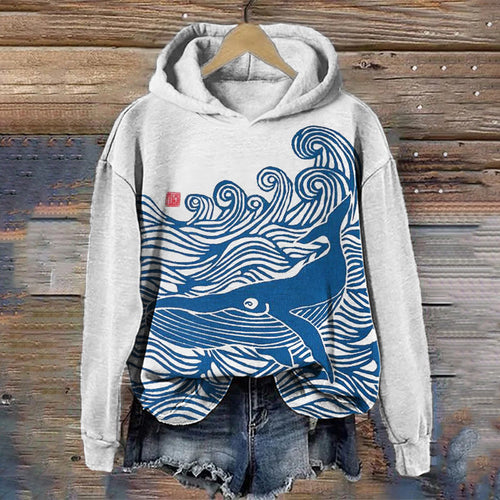 Whale & Waves Ancient Japanese Art Cozy Hoodie