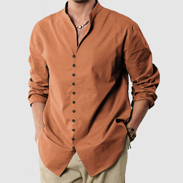 Gentleman's Standing Collar Button Down Cotton Linen Shirt