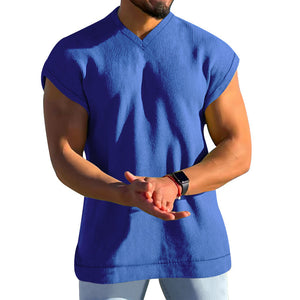 Men's Summer V-Neck Solid Color Men's Sleeveless Casual Loose Short Sleeve