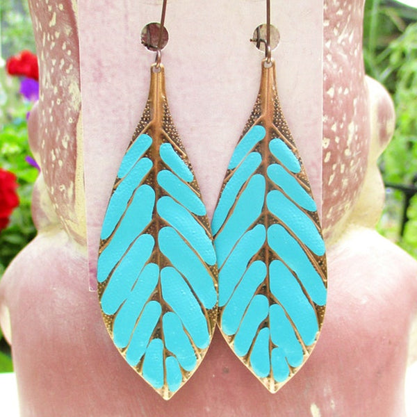 Blue Leaf Pendant Earrings