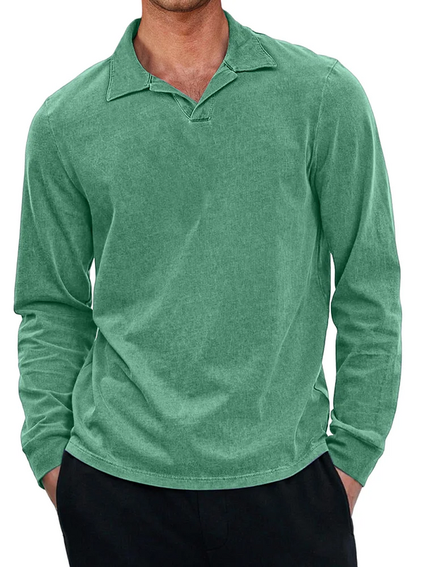 Men's Casual Retro Small V-neck Long-sleeved Polo Shirt