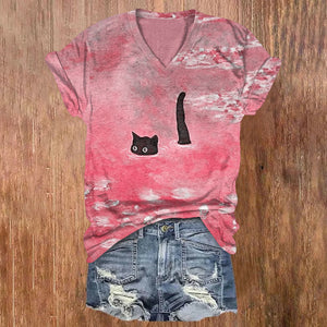 Women's Oil Painting Cat Print V-neck T-shirt