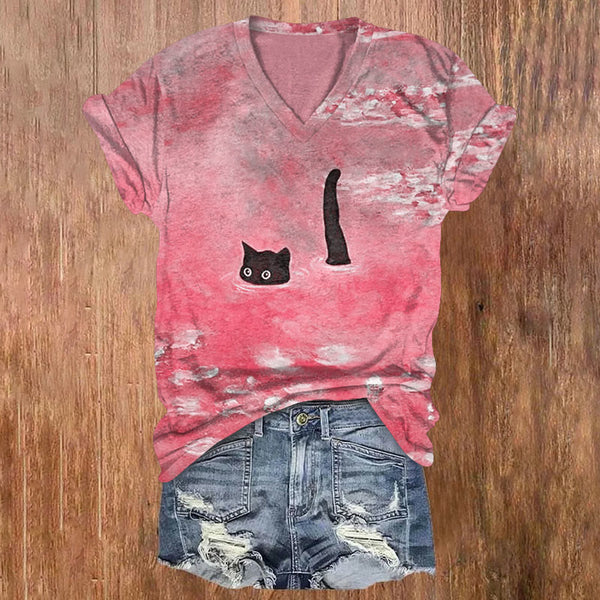 Women's Oil Painting Cat Print V-neck T-shirt