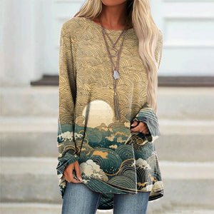 Ancient Japanese Style Wave Print Cozy Long Sleeved Tunic