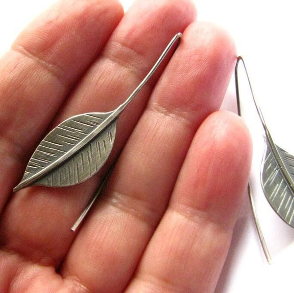 Retro Punk Plain Silver Feather Leaf Long Women's Earrings