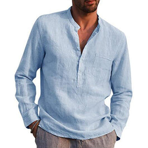 Men's Cotton Linen Summer Solid Color  Stand-Up Collar Long-Sleeved Shirts