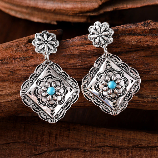 Vintage Diamond Flower Turquoise Earrings