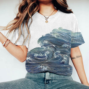 Japanese Style Ombre Wave Print T-shirt