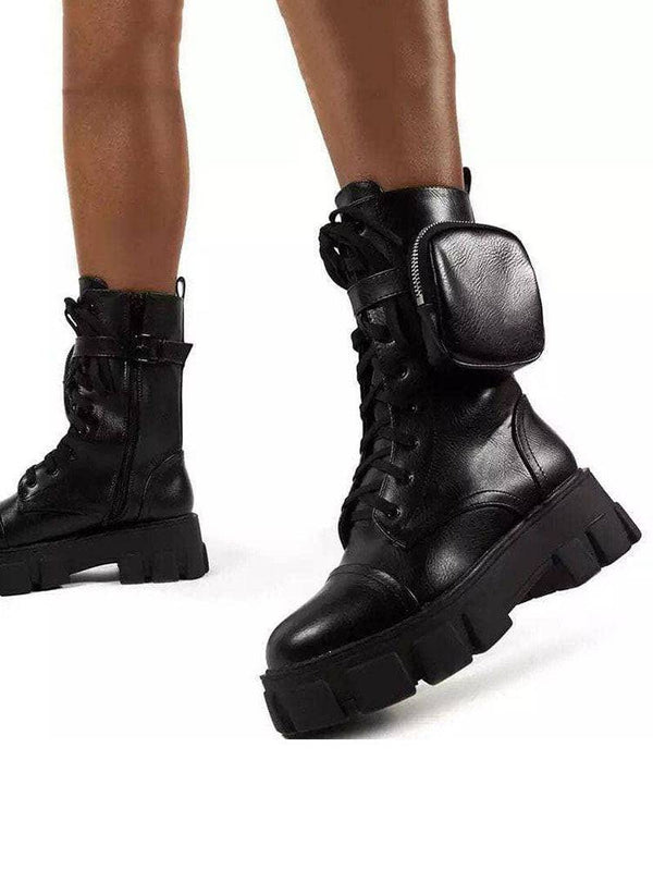 PU Lace-Up Chunky Heel Boots