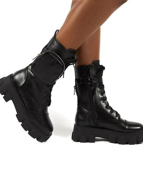 PU Lace-Up Chunky Heel Boots