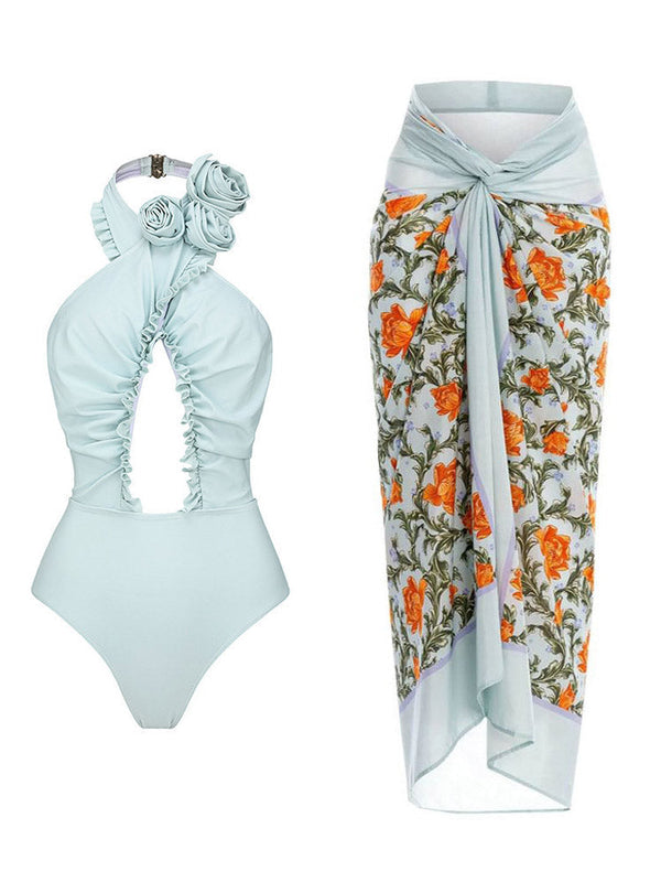 Floral Halter Cutout Swimsuit Set