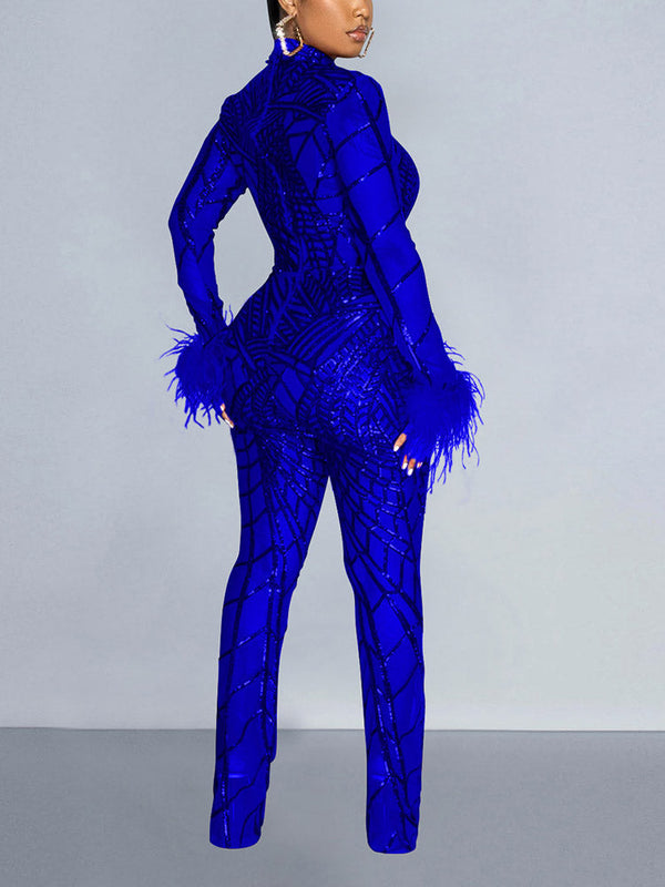 Sequin Feather Mesh Jumpsuit