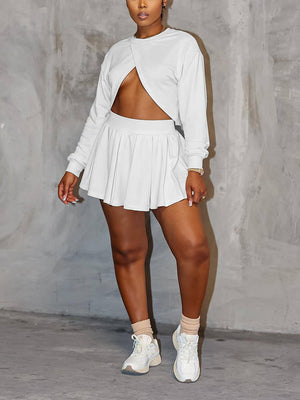 Slit Crop Top Pleated Skirt Set