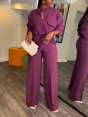 V Neck Blouse Wide Leg Pants Set