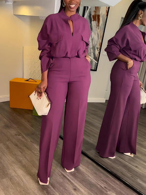 V Neck Blouse Wide Leg Pants Set