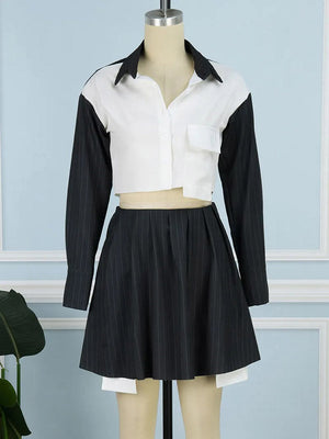 Striped Shirt Pleated Skirt Set