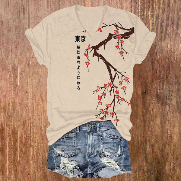 Tokyo Japanese Cherry Blossoms Print V-neck T-shirt