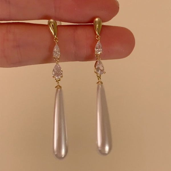 Zircon Pearl Water Droplet Tassel Earrings