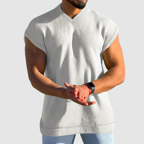 Men's Summer V-Neck Solid Color Men's Sleeveless Casual Loose Short Sleeve