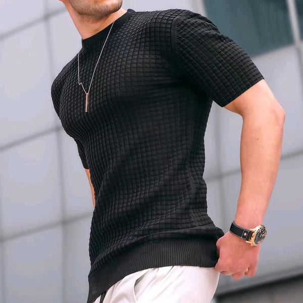 Men's New Small Square Lattice T-shirt Round Collar Casual Half-Sleeve Top