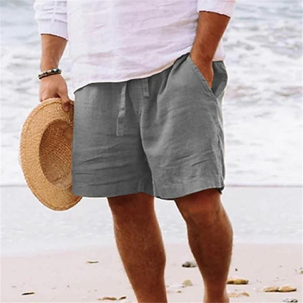 Men's summer cotton linen shorts draw rope elastic waist straight legs solid color breathable five minutes casual pants