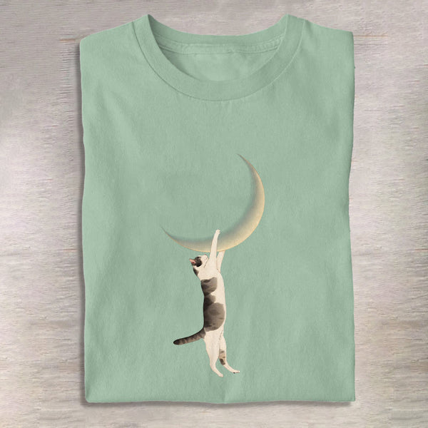 100% Cotton Japanese Moon Cat Print T-shirt