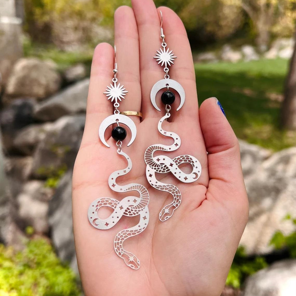 Silver Snake Moon Earrings