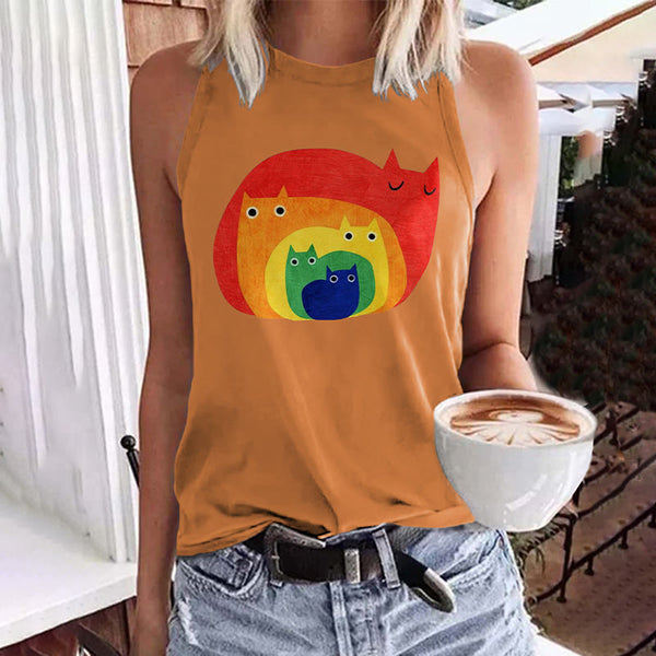 Abstract Creative Cute Rainbow Cat Print Art Tank Top