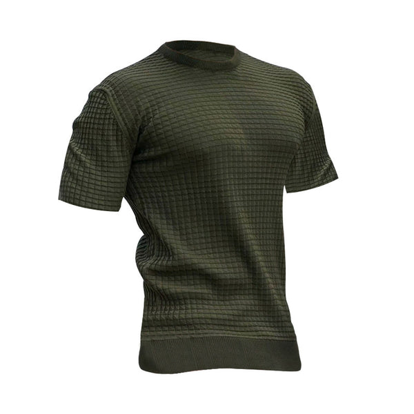 Men's New Small Square Lattice T-shirt Round Collar Casual Half-Sleeve Top