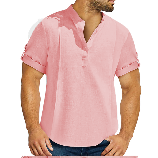 Men's Linen Cotton Henley Shirt Casual Shirt Short Sleeve T-shirt