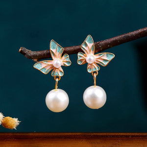 Enamel butterfly pearl earrings