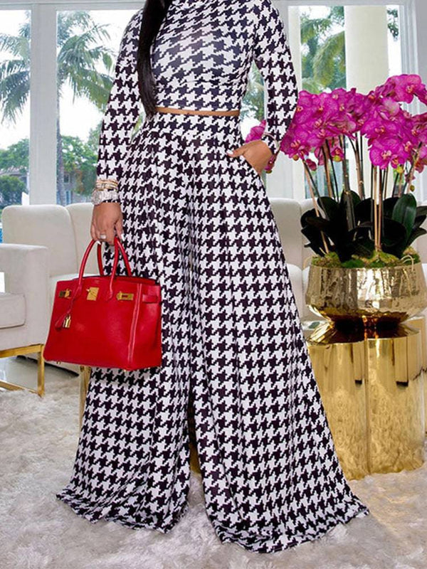 Plaid Long Sleeve Wide Leg Set