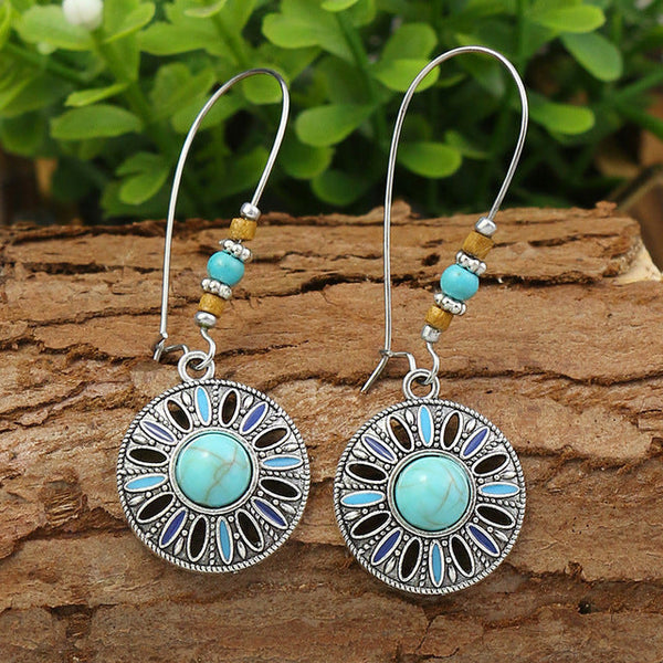 Silver Boho Opal Sun Pendant Earrings