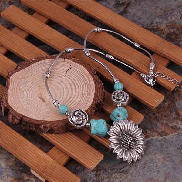 Sterling Silver Boho Sunflower Turquoise Necklace