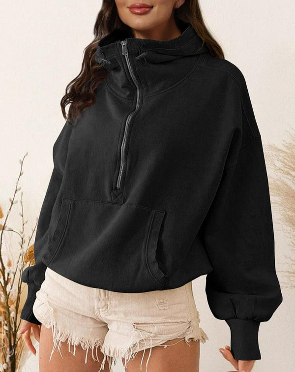 Women's Half Zip High Neck Drawstring Hooded Sweatshirt