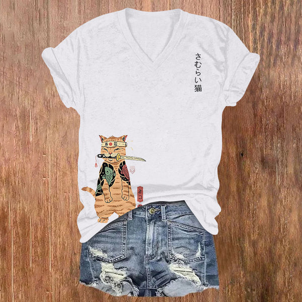 Japanese Cat Print V-neck T-shirt