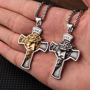 Stainless steel portrait cross necklace hanging