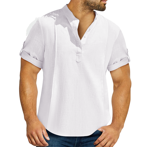 Men's Linen Cotton Henley Shirt Casual Shirt Short Sleeve T-shirt