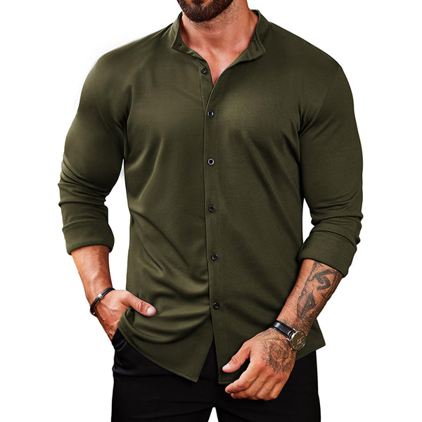 Men's Casual Non-Wrinkle Stretch Cotton Long Sleeve Shirt With Stand Collar