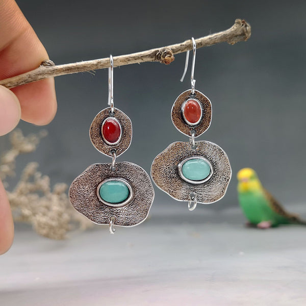 Bohemian mint chalcedony and artificial coral earrings